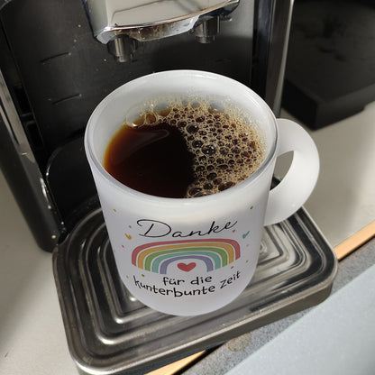 Regenbogen Glas Tasse mit Spruch Danke für die kunterbunte Zeit