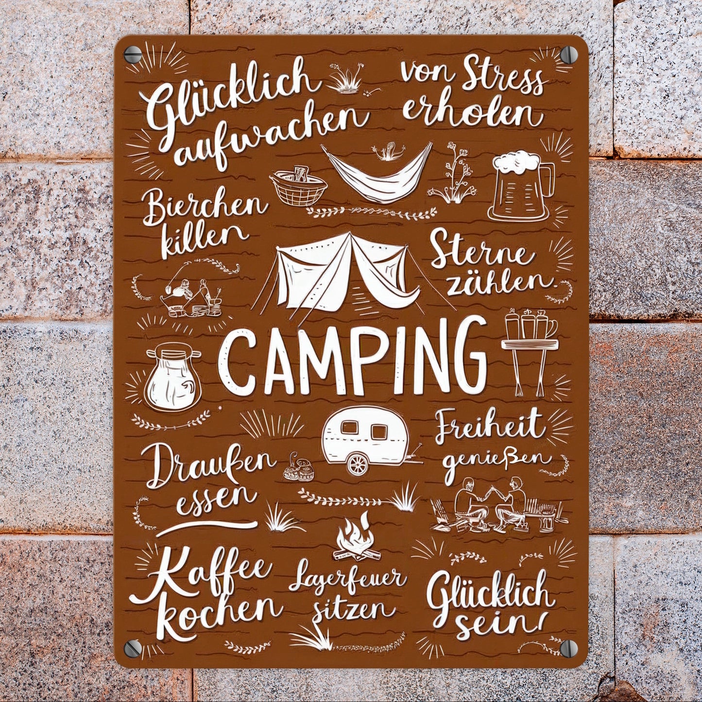 Camping Metallschild in 15x20 cm mit Spruch Glücklich sein, Freiheit genießen, Sterne zählen