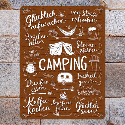 Camping Metallschild XL in 21x28 cm mit Spruch Glücklich sein, Freiheit genießen, Sterne zählen