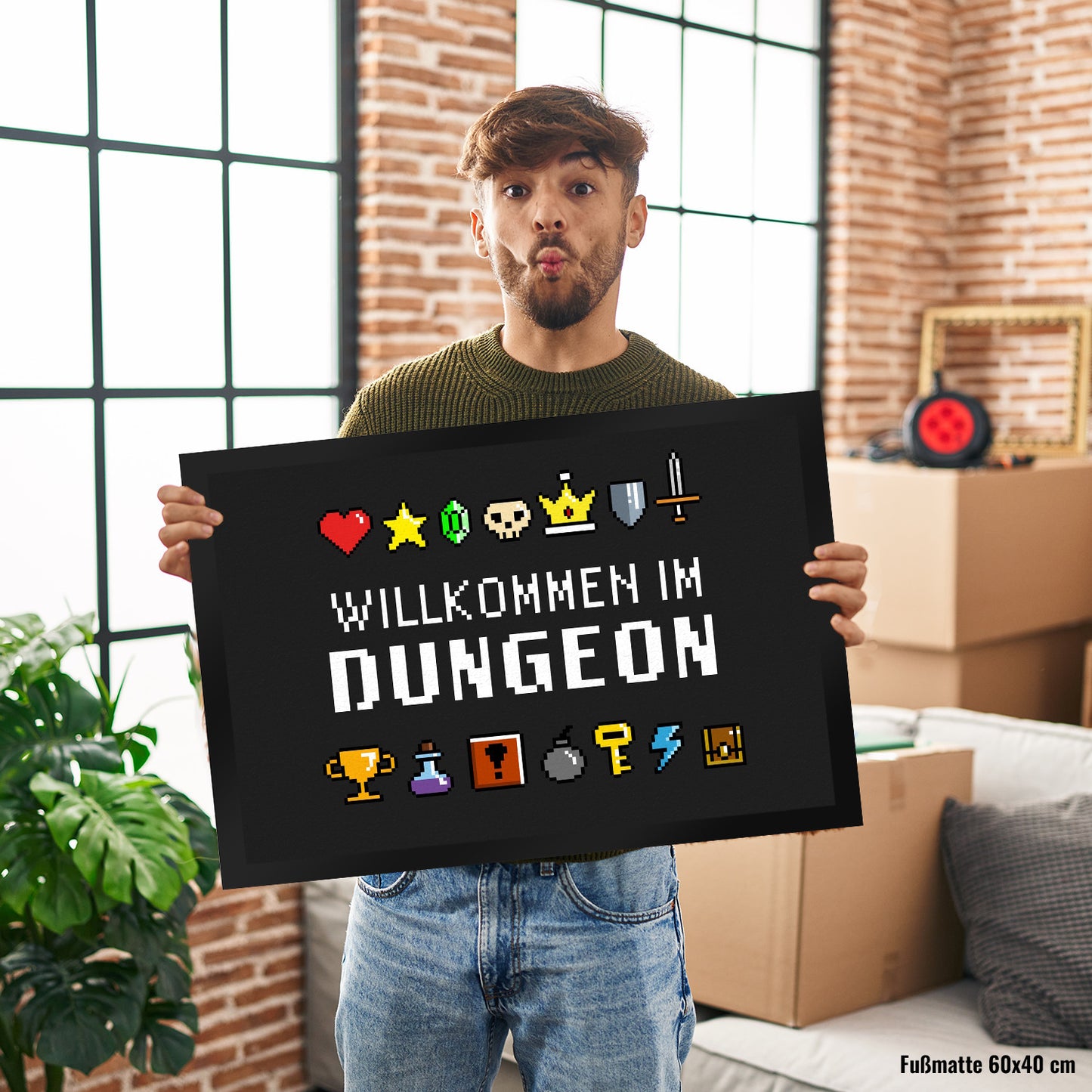 Willkommen im Dungeon Fußmatte XL in 40x60 cm für Gamer mit bunten Pixel-Items