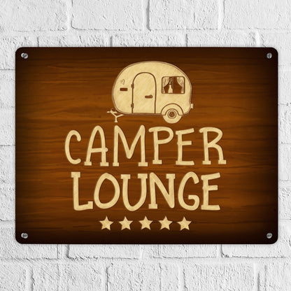 Metallschild XL mit Camper-Lounge Motiv und Spruch: Camper-Lounge