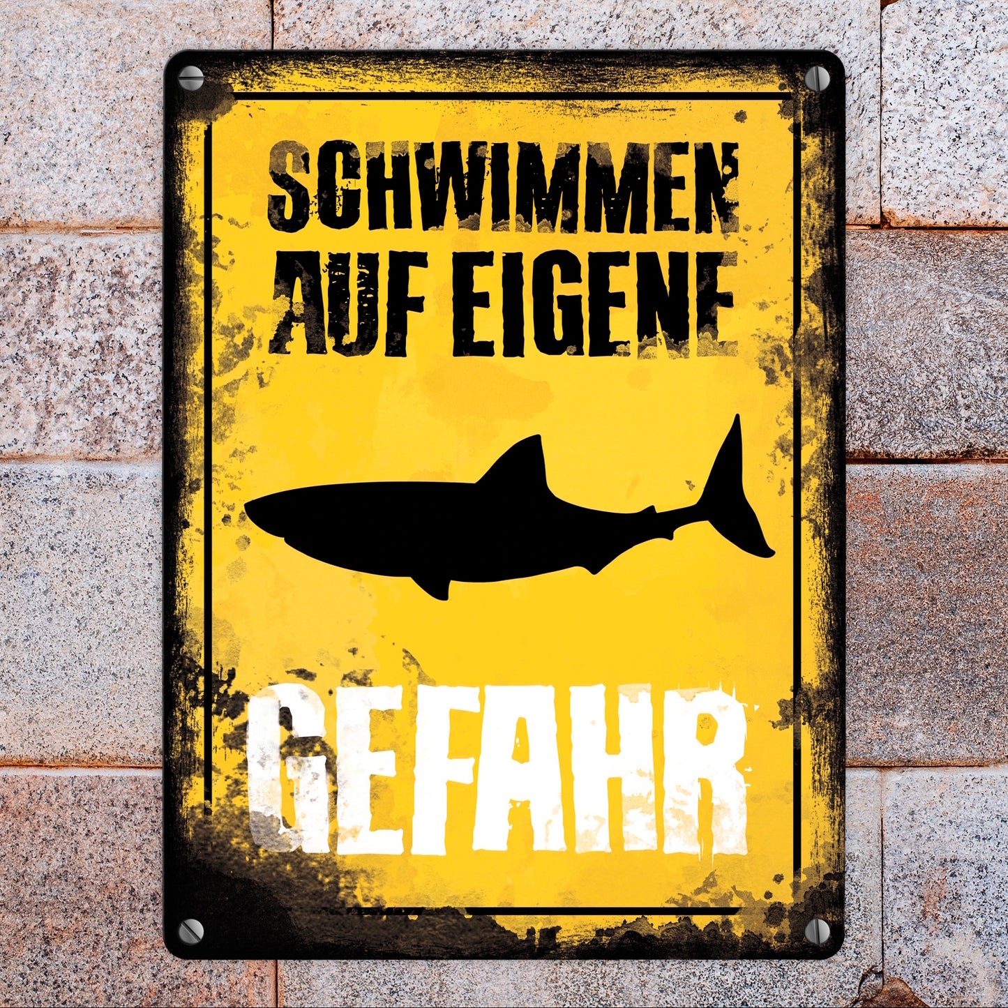 Schwimmen auf eigene Gefahr Metallschild in 15x20 cm für den Pool mit Hai