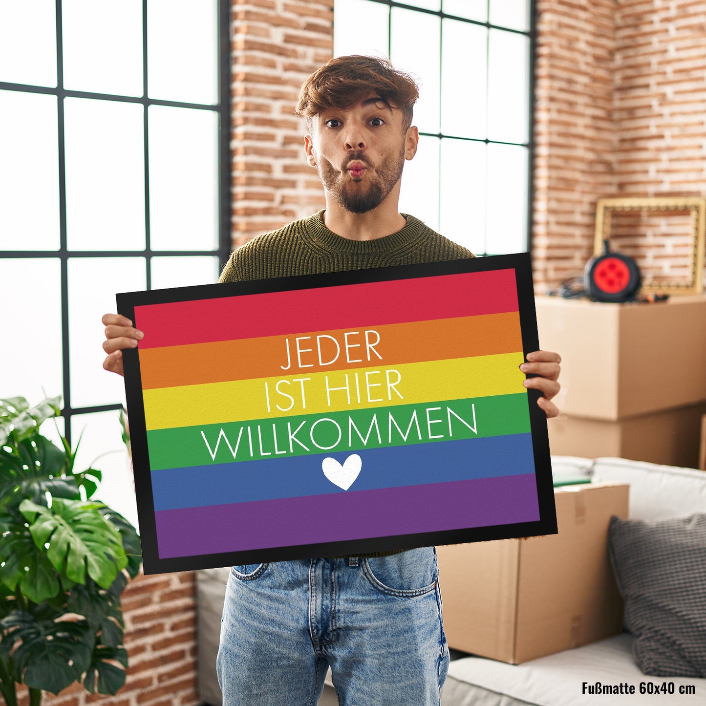 Jeder ist hier willkommen Fußmatte XL in 40x60 cm mit Regenbogenfahne