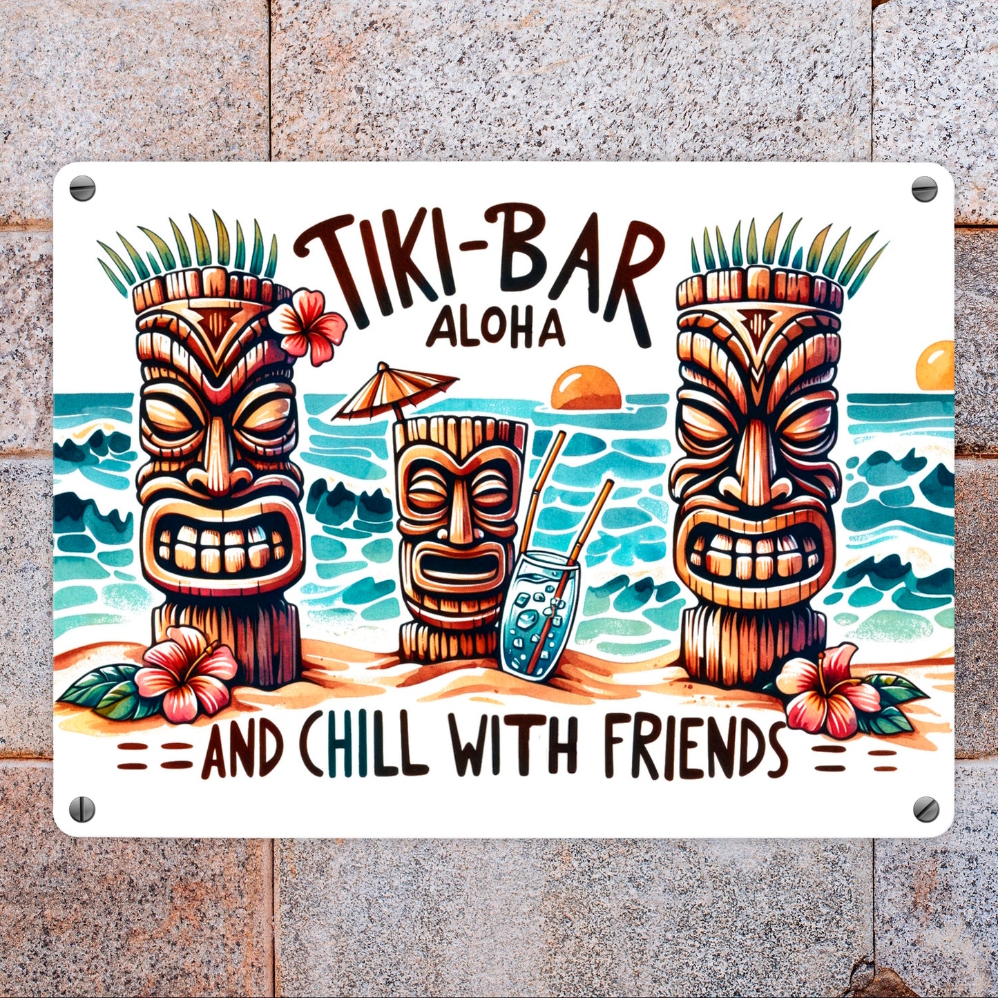 Tiki-Bar Aloha Metallschild in 15x20 cm mit Spruch and chill with friends