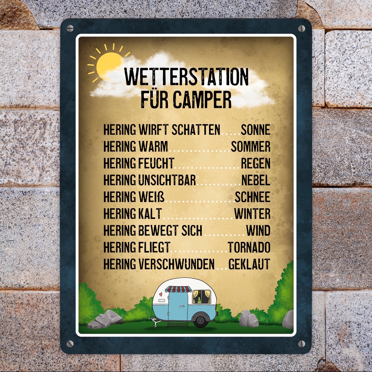 Metallschild XL mit Campingplatz Motiv und Spruch: Wetterstation für Camper