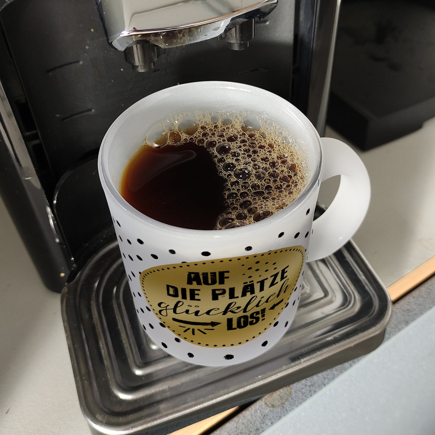 Auf die Plätze, glücklich, los! Glas Tasse mit Glück Motiv