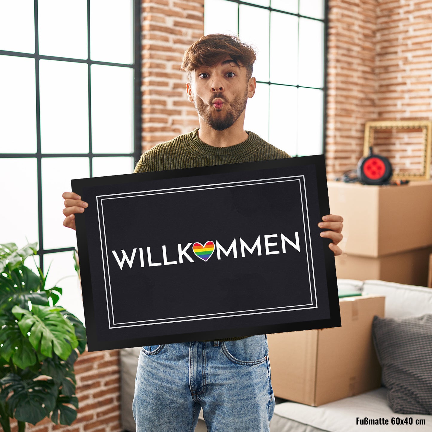 Willkommen Fußmatte XL in 40x60 cm mit buntem Regenbogen-Herz