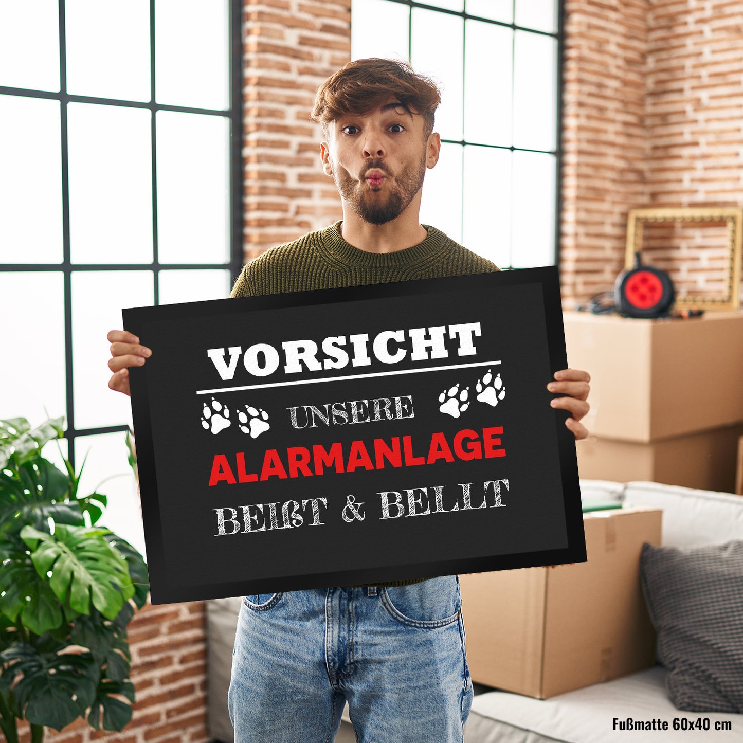 Vorsicht unsere Alarmanlage beißt & bellt Fußmatte XL in 40x60 cm