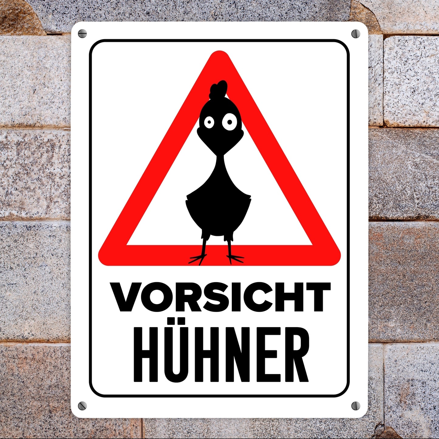 Vorsicht Hühner Metallschild XL in 21x28 cm mit Huhn Silhouette