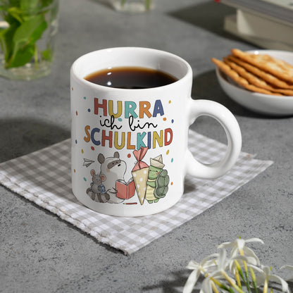 Tiere zur Einschulung Kaffeebecher mit Spruch Hurra ich bin Schulkind