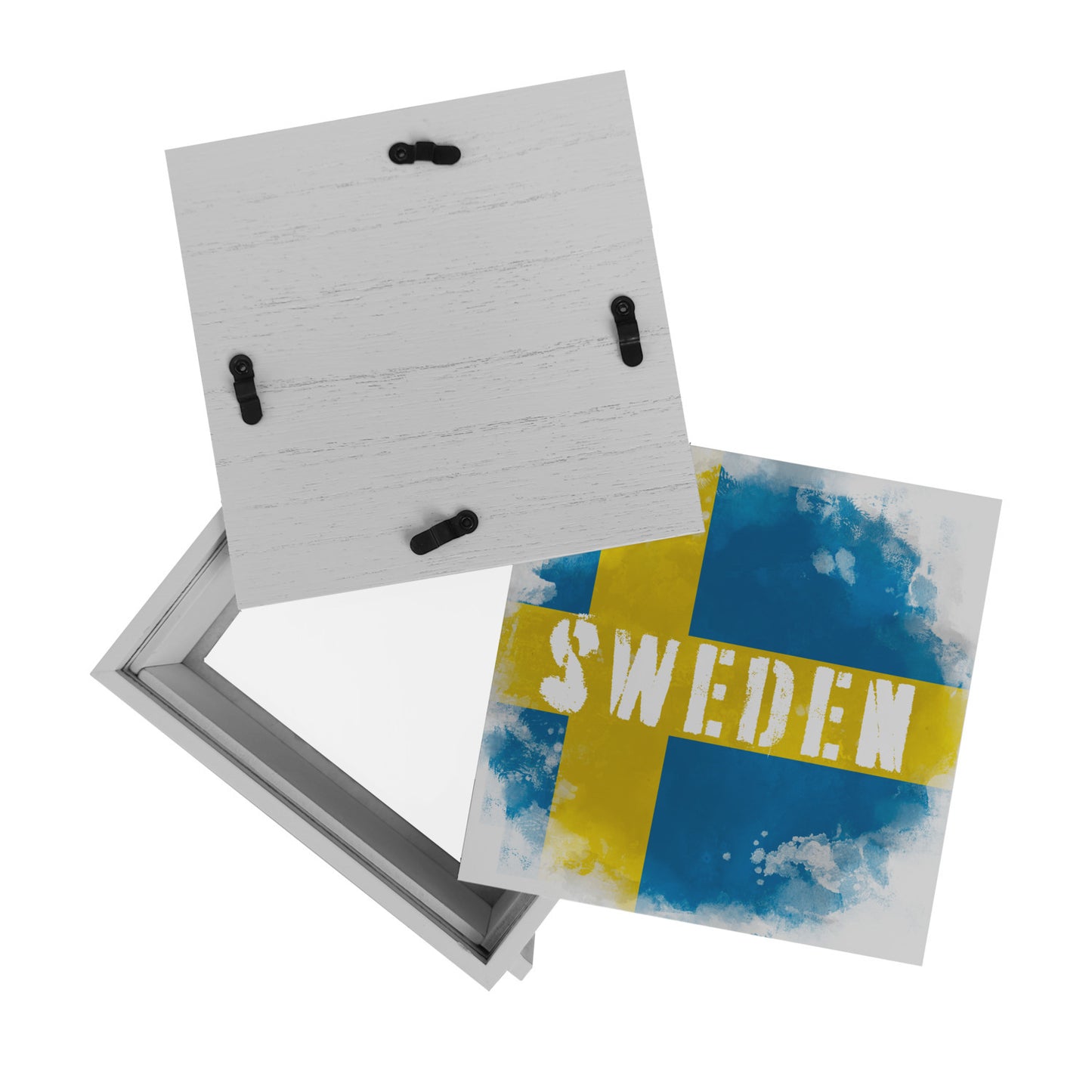 Rahmen Spardose aus Holz mit Schweden-Flagge im Used Look - Sparschwein für Urlauber