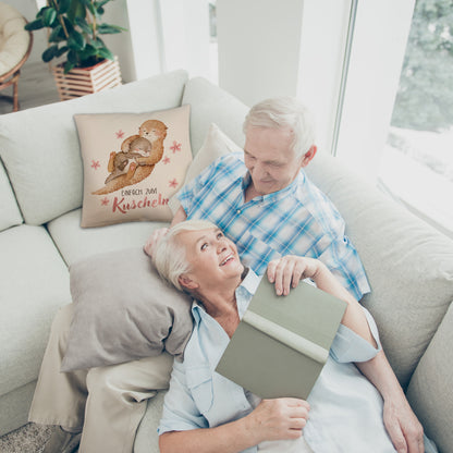 Otter Baby und Mutter Kissen mit Leinenoptik mit Spruch Einfach zum Kuscheln