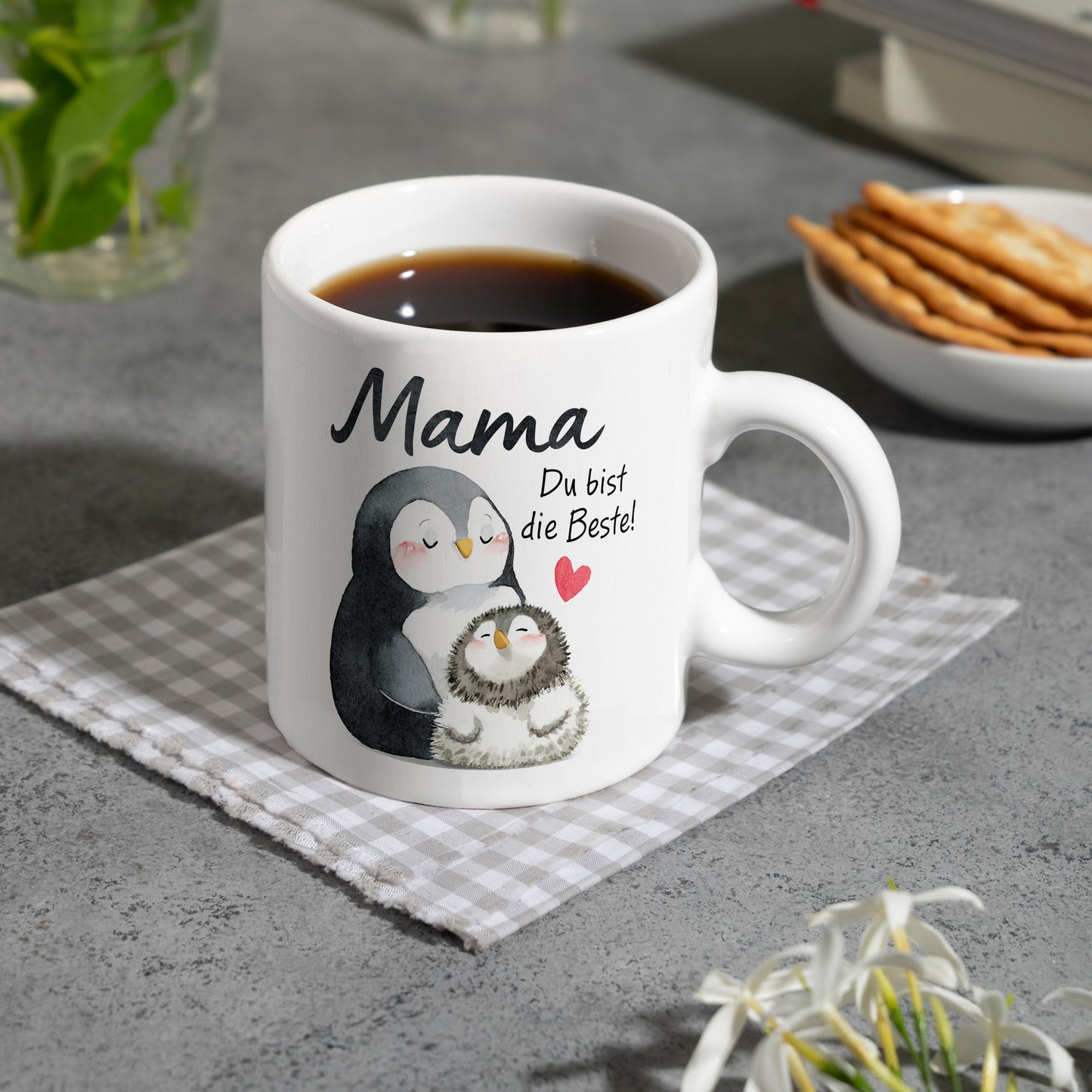 Pinguin Mutter und Kind Kaffeebecher mit Spruch Mama du bist die Beste