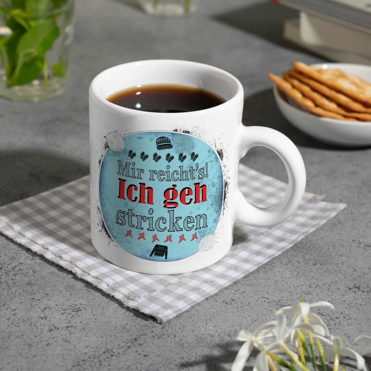 Kaffeebecher mit Spruch: Mir reicht's! Ich geh stricken