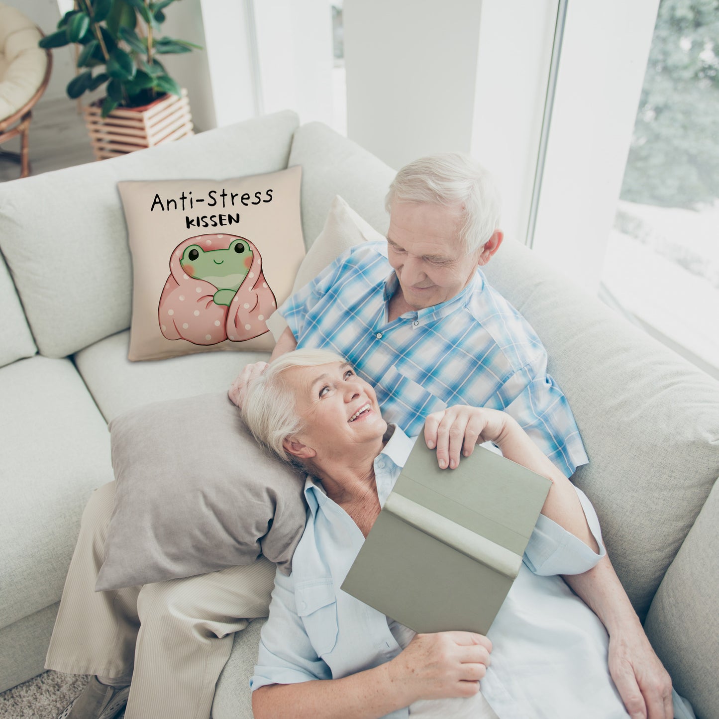 Frosch in rosa Decke Kissen mit Leinenoptik mit Spruch Anti-Stress Kissen mit Leinenoptik