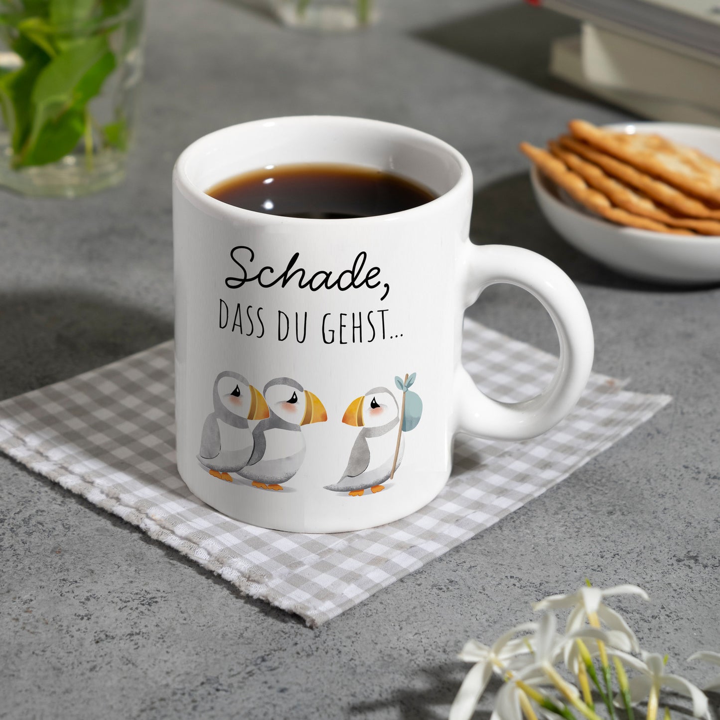 Schade, dass du gehst Papageitaucher Kaffeebecher Abschied Kollege