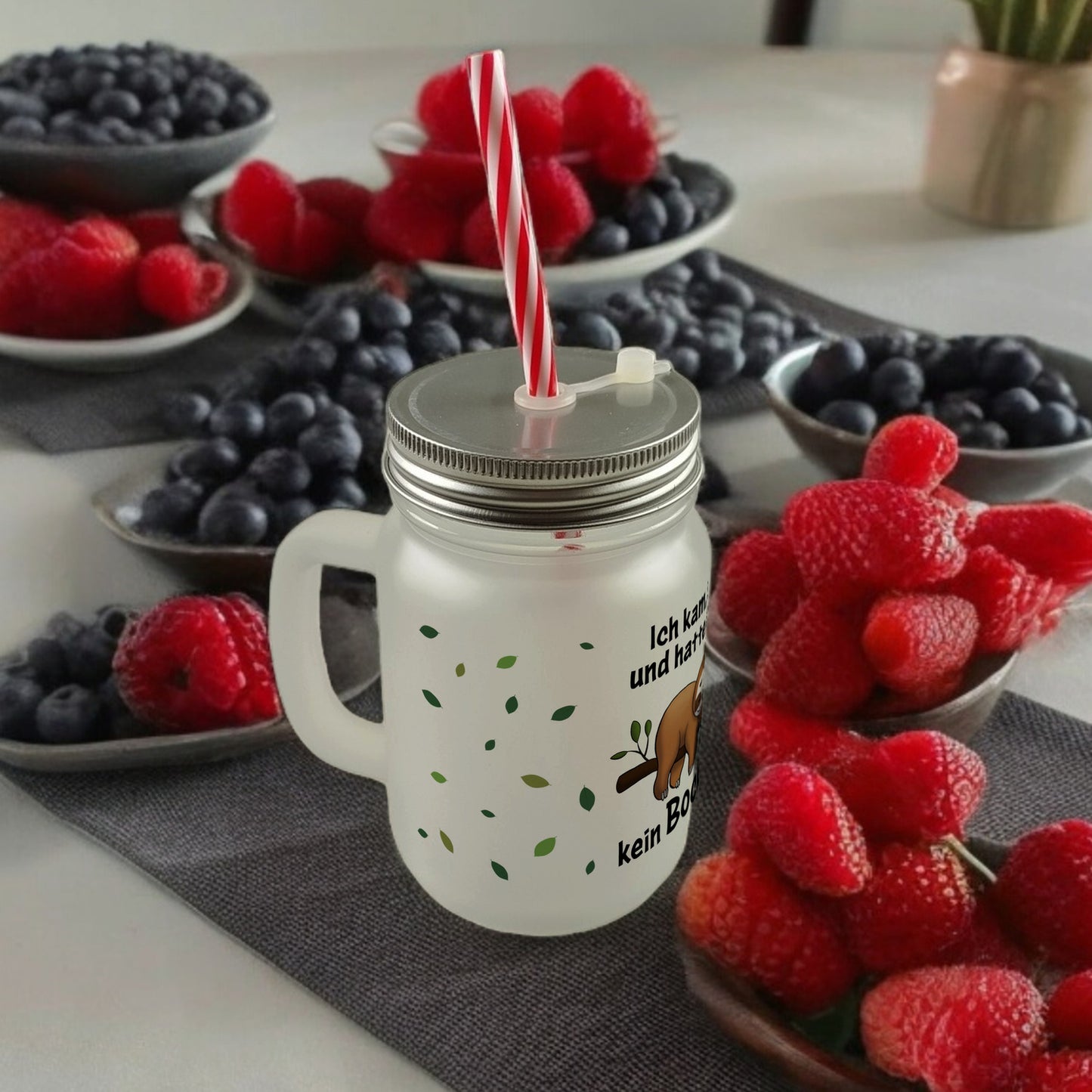 Faultier Mason Jar Henkel Trinkglas mit Deckel mit Spruch Ich kam sah und hatte direkt kein Bock mehr