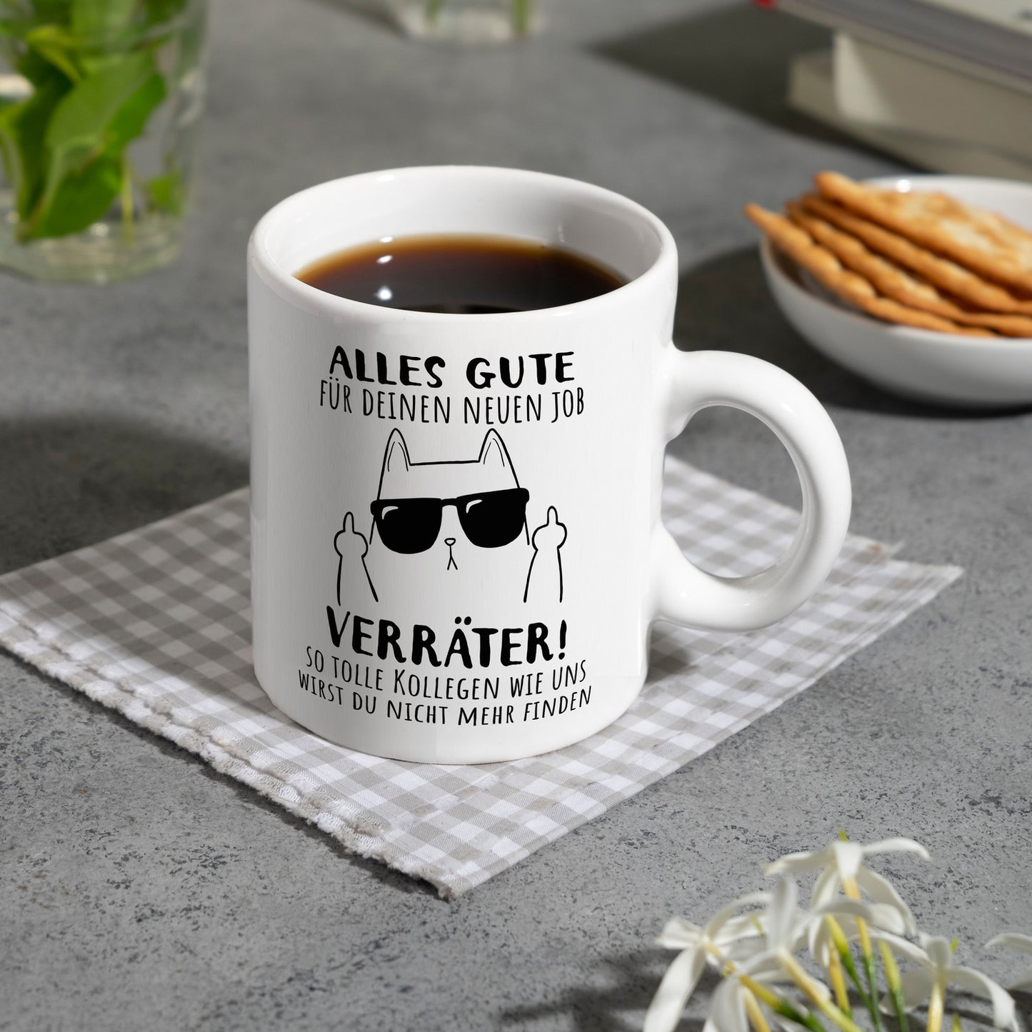 Katze mit Mittelfinger Kaffeebecher mit Spruch Viel Erfolg du Verräter