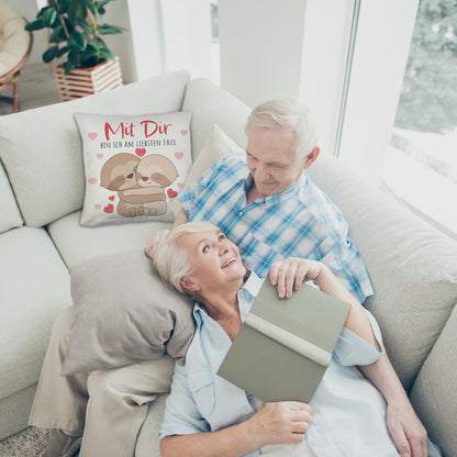 Faultier Paar Kuschelkissen mit Spruch Mit dir bin ich am liebsten faul