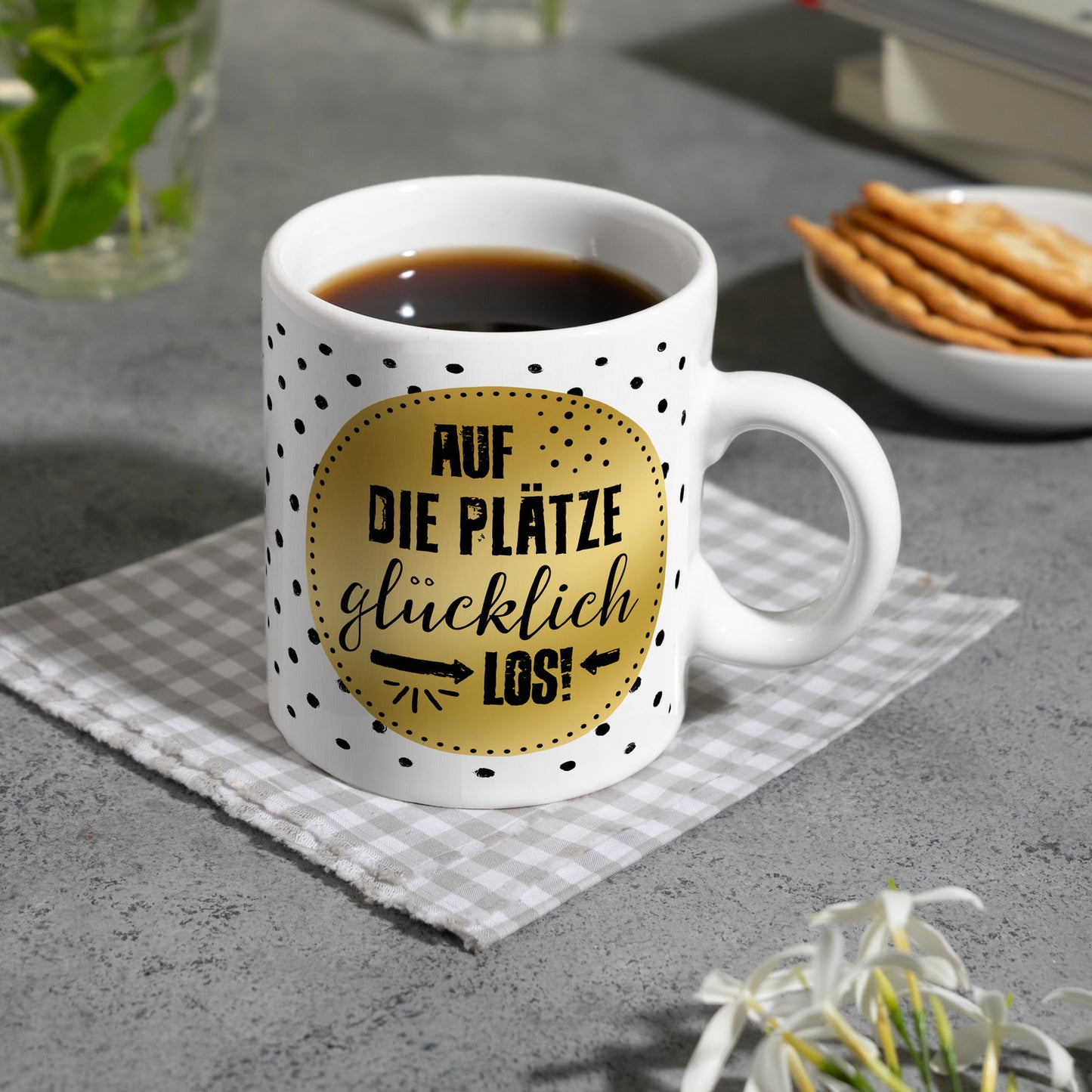 Auf die Plätze, glücklich, los! Motivation Kaffeebecher