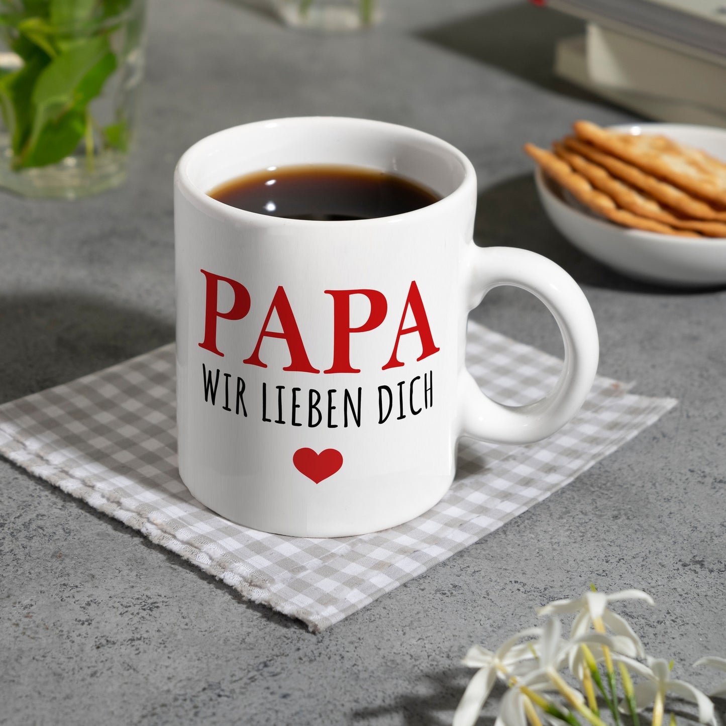 Papa wir lieben dich Kaffeebecher in rot mit Herz