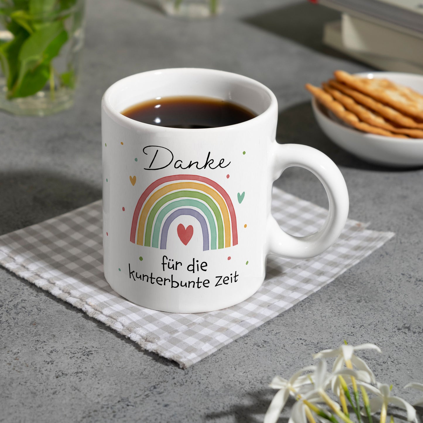 Regenbogen Kaffeebecher mit Spruch Danke für die kunterbunte Zeit