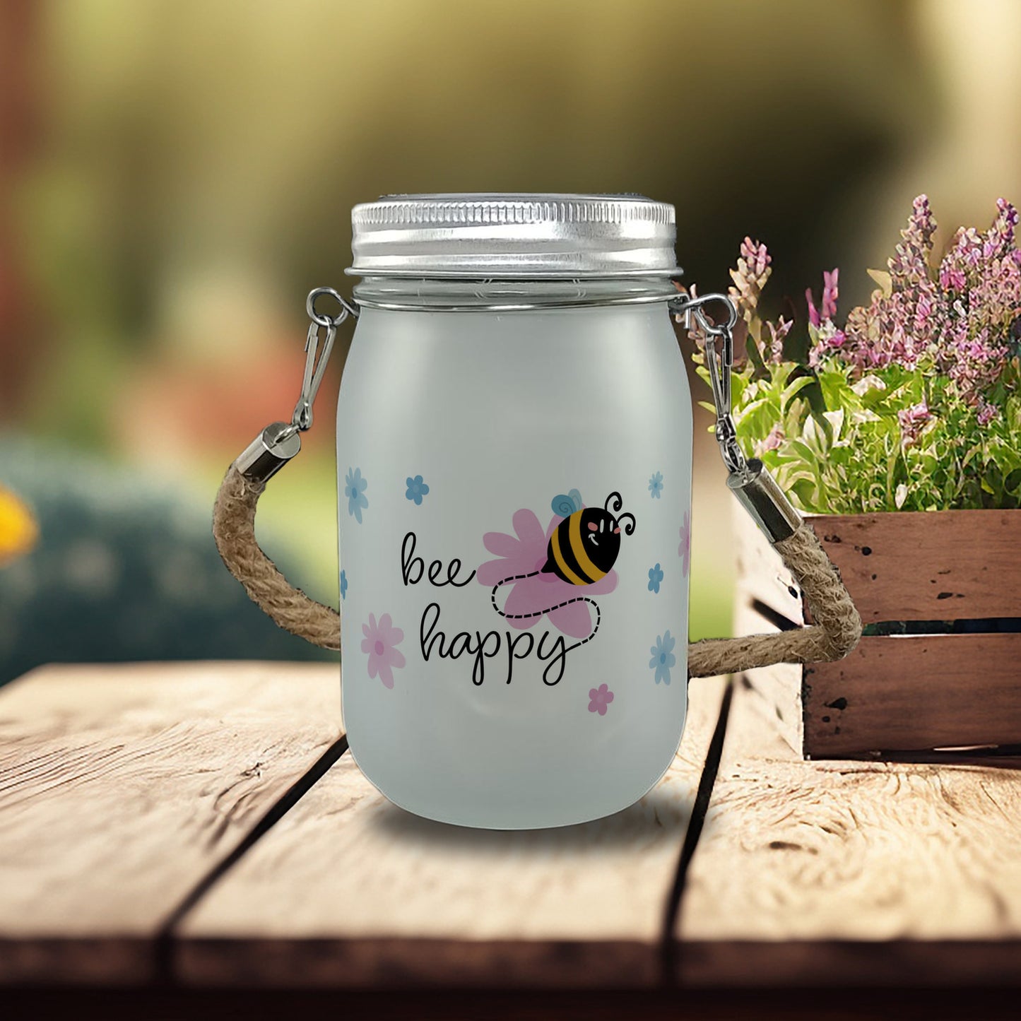 Bee happy Solarlicht mit niedlicher Biene und Blumen