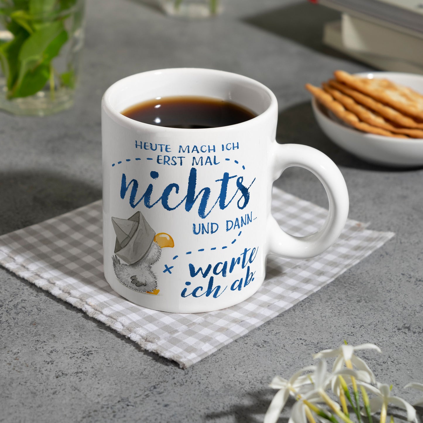 Möwe Kaffeebecher mit Spruch Heute mach ich erst mal nichts