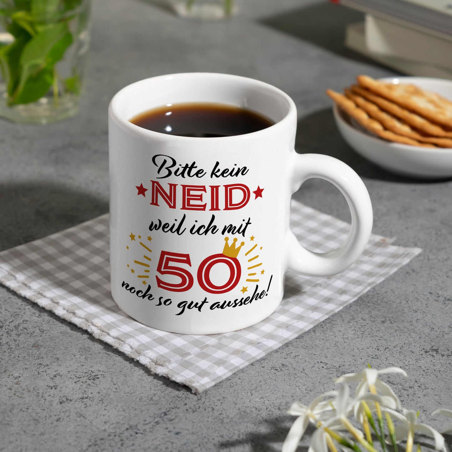 50. Geburtstag Kaffeebecher mit lustigem Spruch: Neid