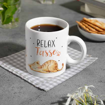 Relaxte Katze Kaffeebecher mit Spruch Relax Tasse