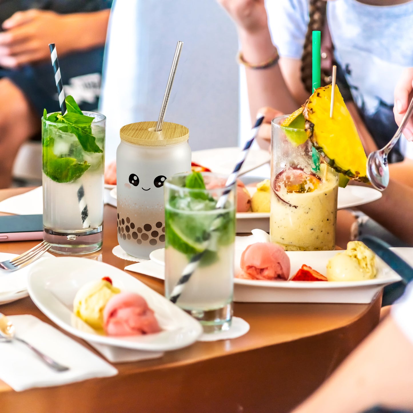 Bubble Tea Trinkglas mit Bambusdeckel in orange