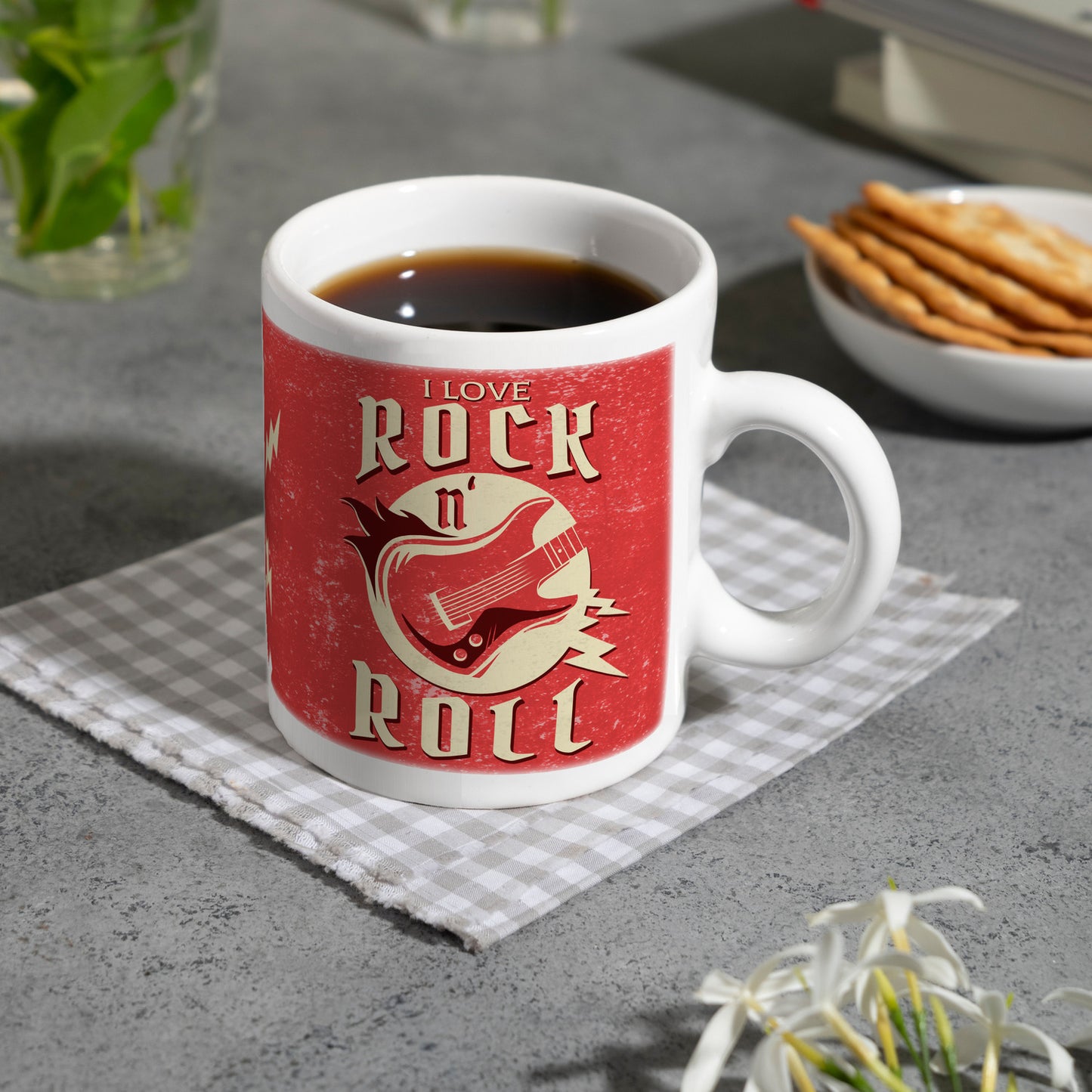 I Love Rock 'n' Roll Kaffeebecher mit Gitarren Motiv