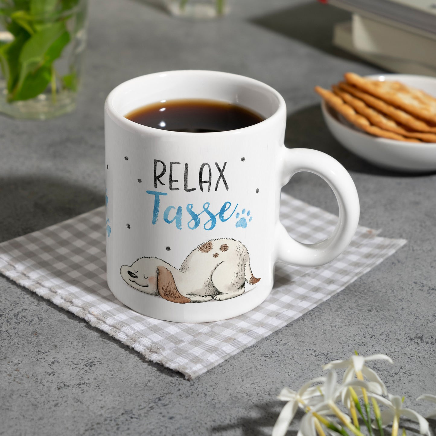 Relaxter Hund Kaffeebecher mit Spruch Relax Tasse