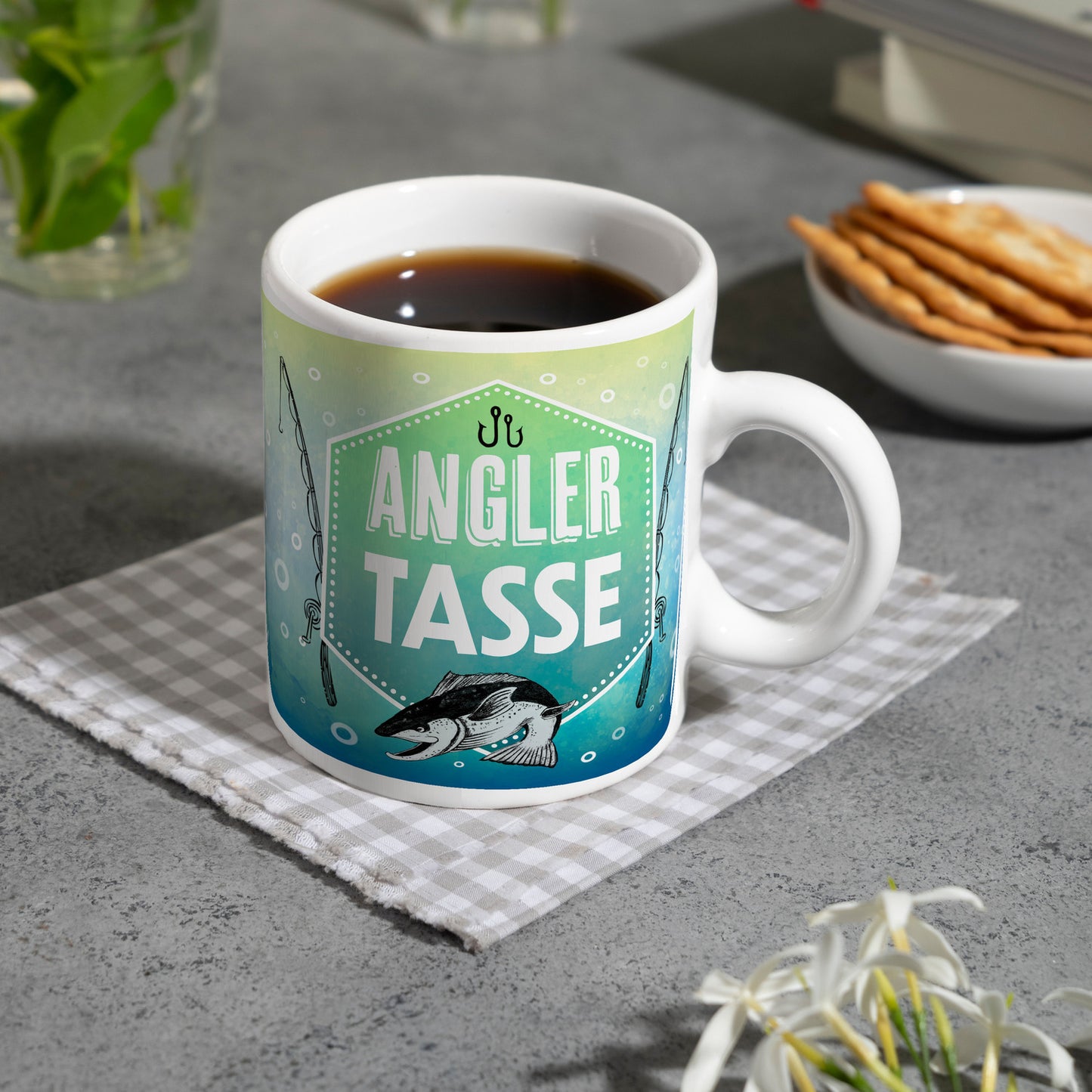 Angler Tasse Kaffeebecher mit Fisch und Angel Motiv