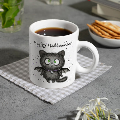 Happy Halloween Kaffeebecher mit schwarzer Fledermaus-Katze