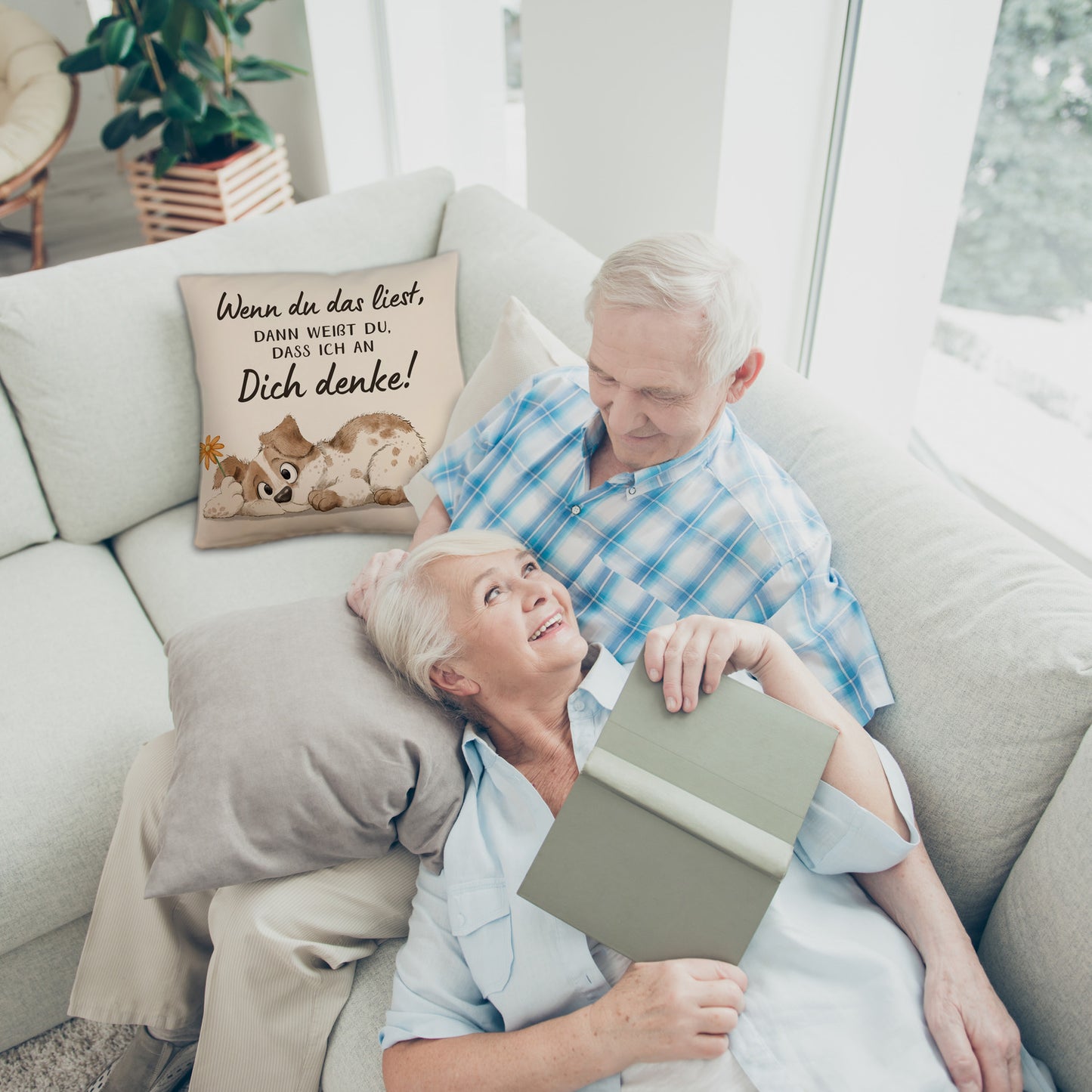 Hund Kissen mit Leinenoptik mit Spruch Ich denke an dich