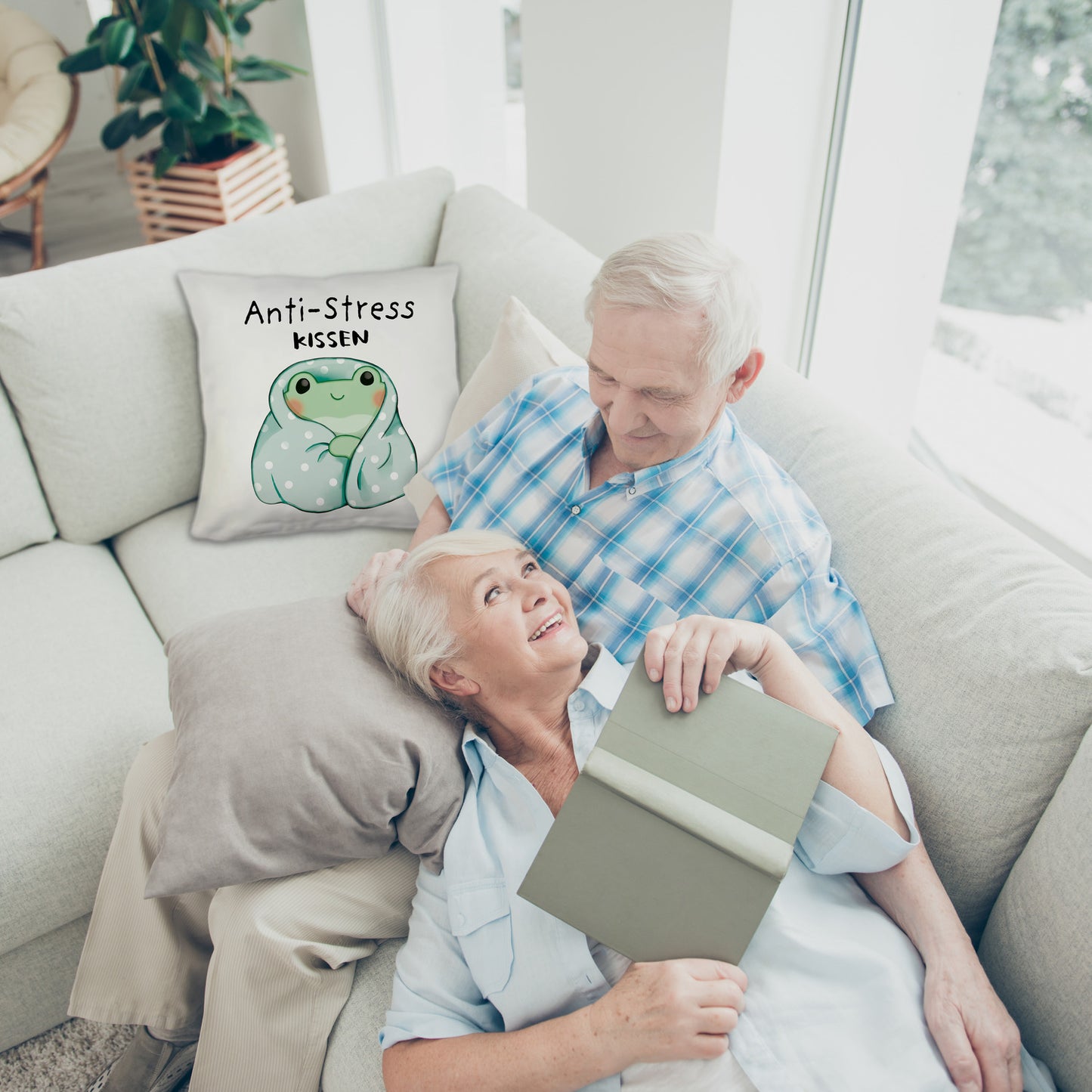 Frosch in blauer Decke Kuschelkissen mit Spruch Anti-Stress Kuschelkissen