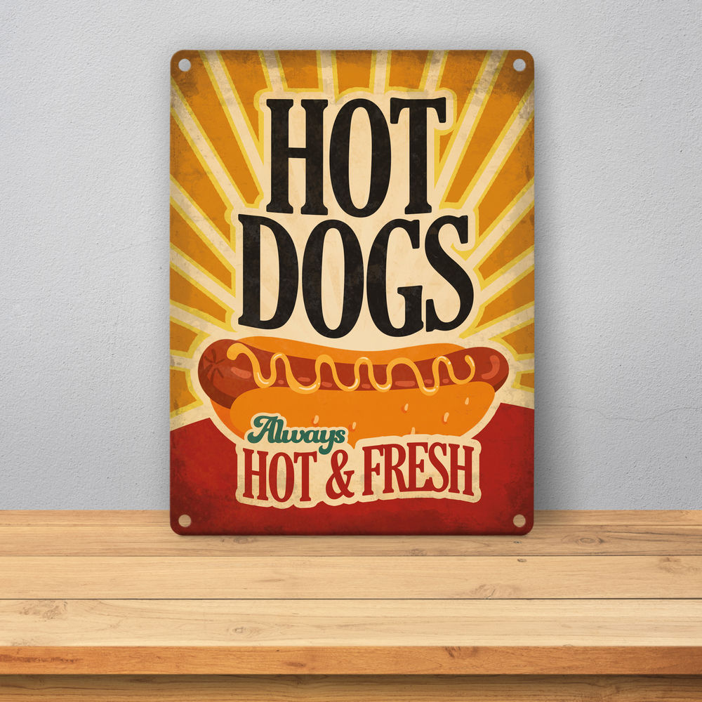 Metallschild mit American Diner Classics - Hot Dogs Motiv