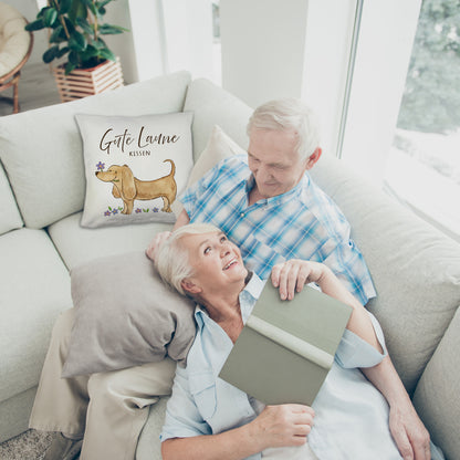 Dackel mit Blume Kuschelkissen mit Spruch Gute Laune Kuschelkissen