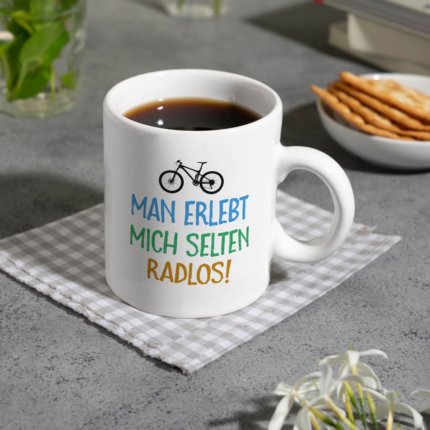 Man erlebt mich selten radlos Mountainbike Kaffeebecher