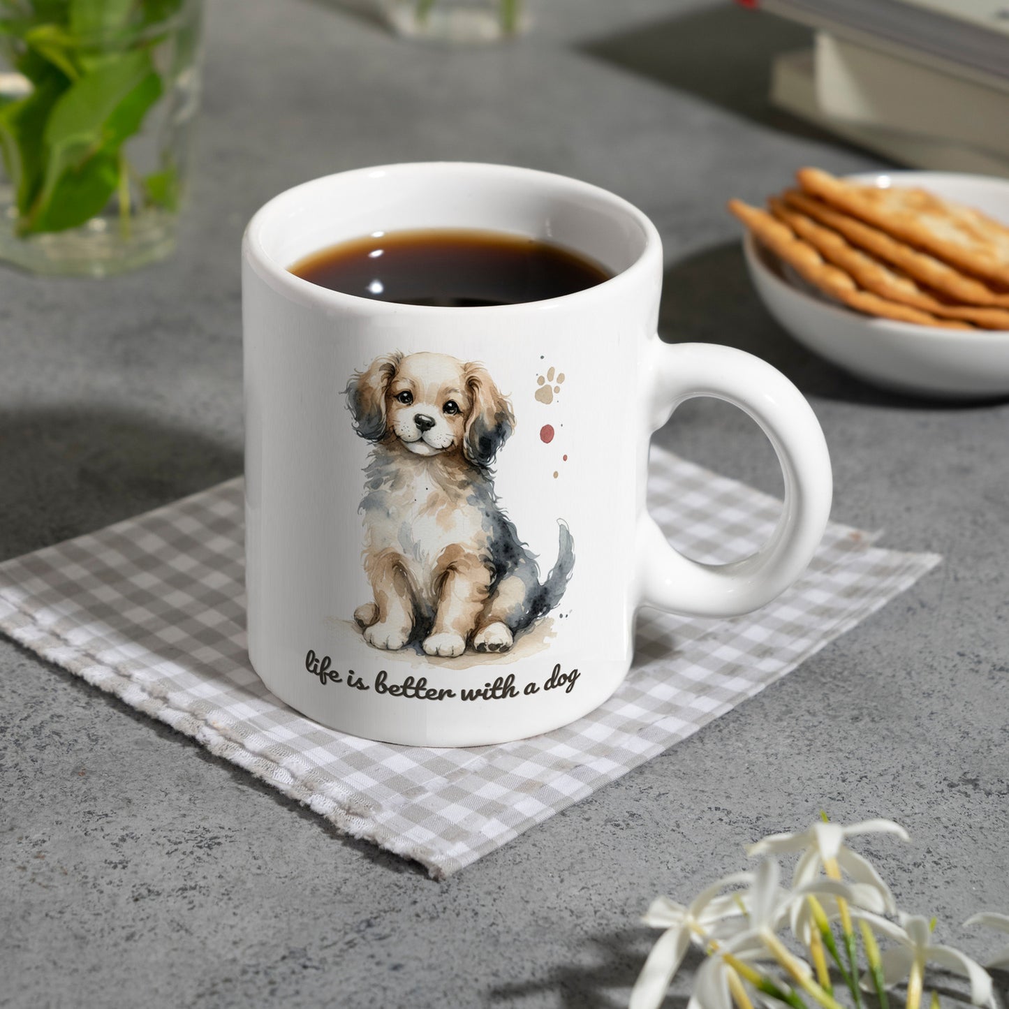 niedlicher Hund Kaffeebecher mit Spruch life is better with a dog