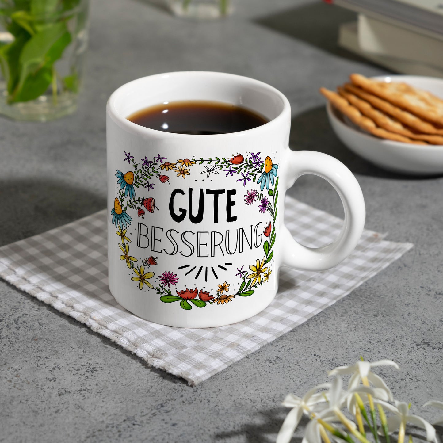 Gute Besserung Blumenkranz Kaffeebecher