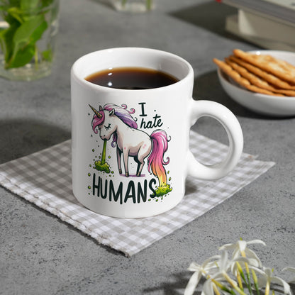 Kotzendes Einhorn Kaffeebecher mit Spruch I hate Humans