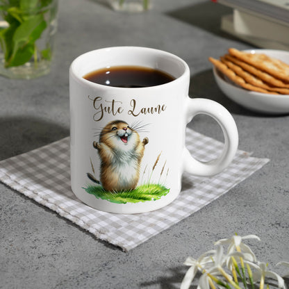 jubelnder Lemming Kaffeebecher mit Spruch Gute Laune