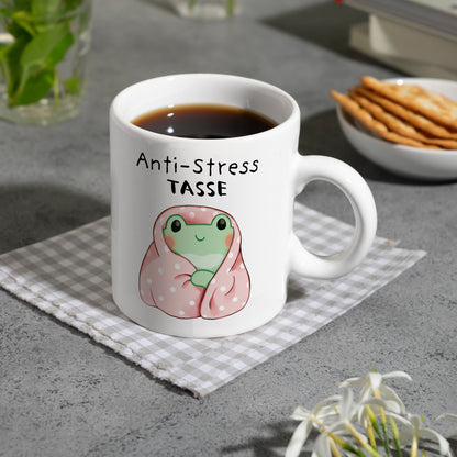 Frosch in rosa Decke mit Spruch Anti-Stress Tasse