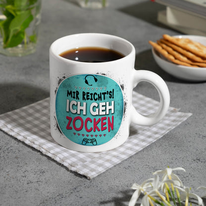 Kaffeebecher mit Spruch: Mir reicht's! Ich geh zocken