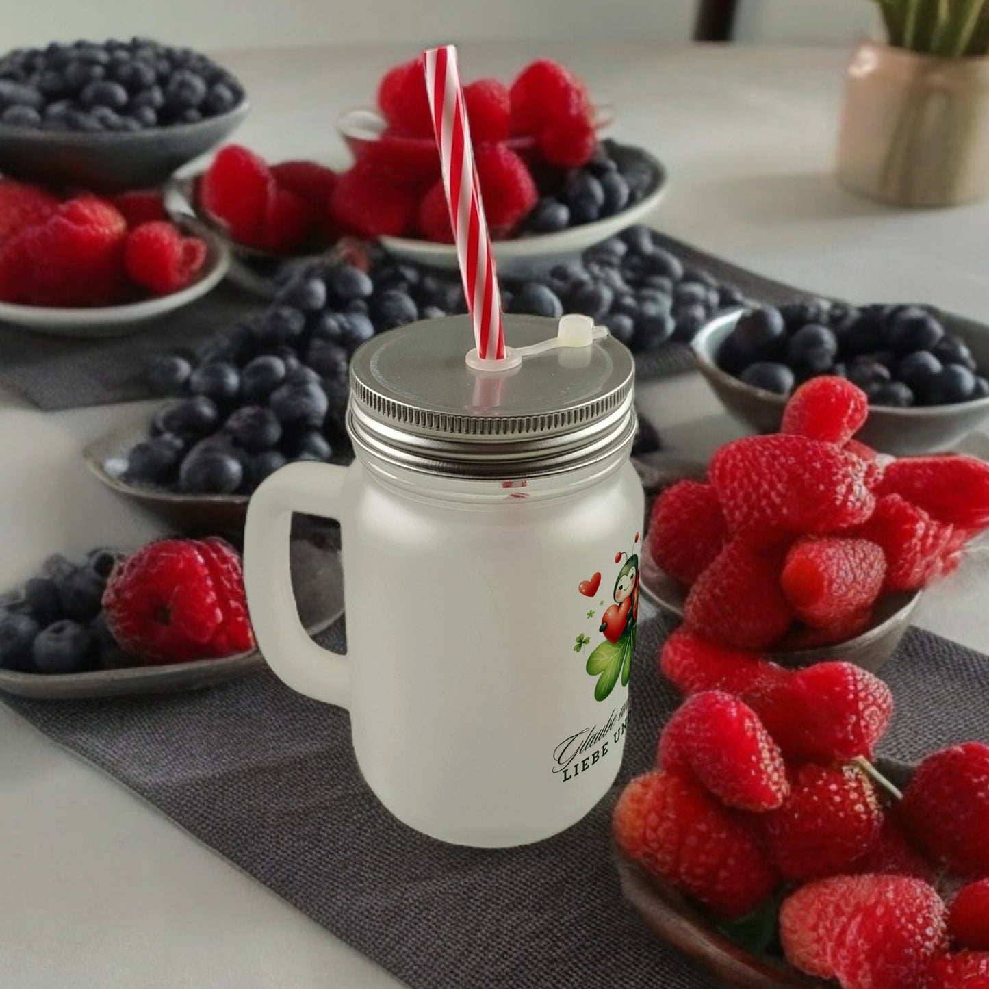 Marienkäfer Mason Jar Henkel Trinkglas mit Deckel mit Spruch Glaube an Wunder, Liebe und Glück!