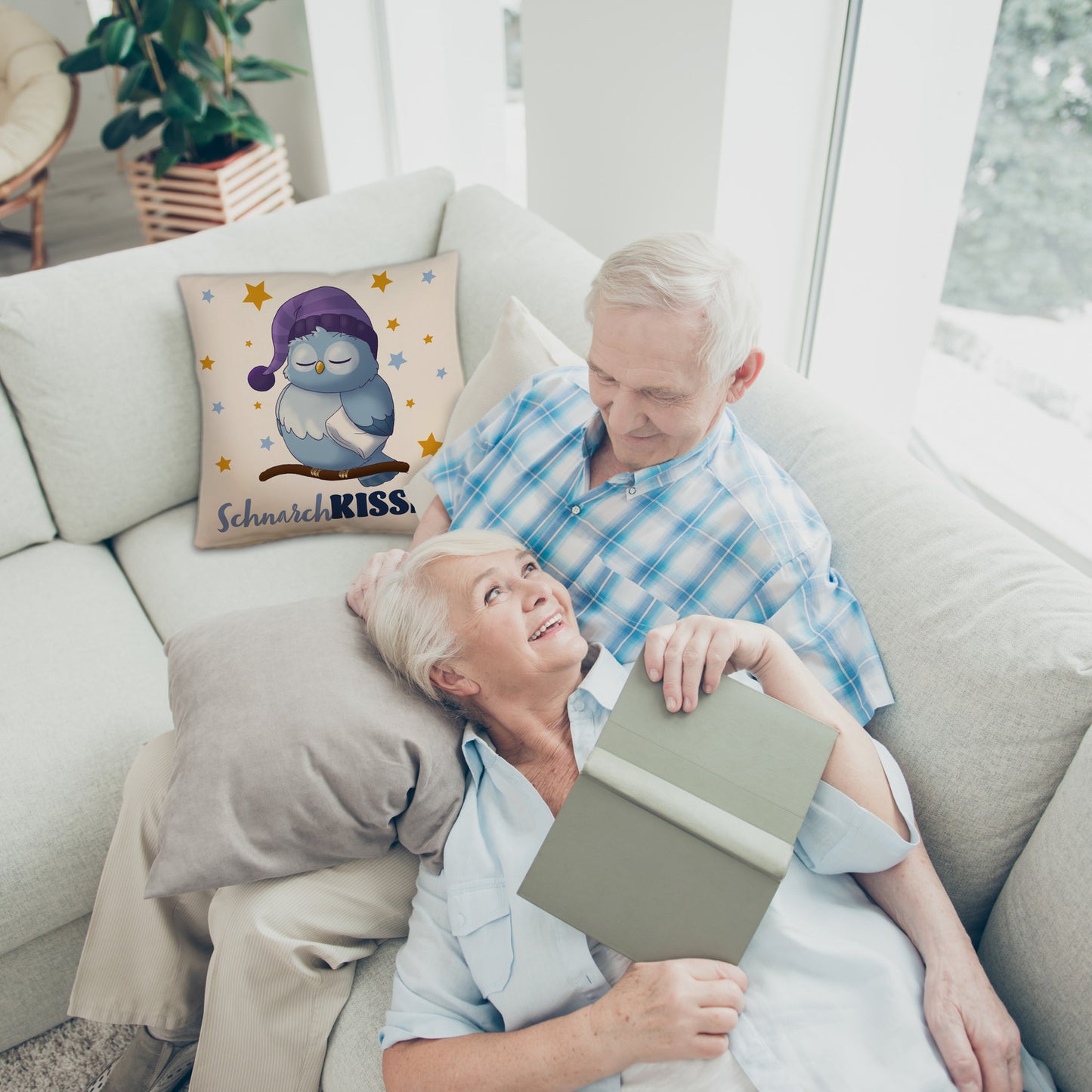 Schlafende Eule Kissen mit Leinenoptik mit Spruch SchnarchKissen mit Leinenoptik