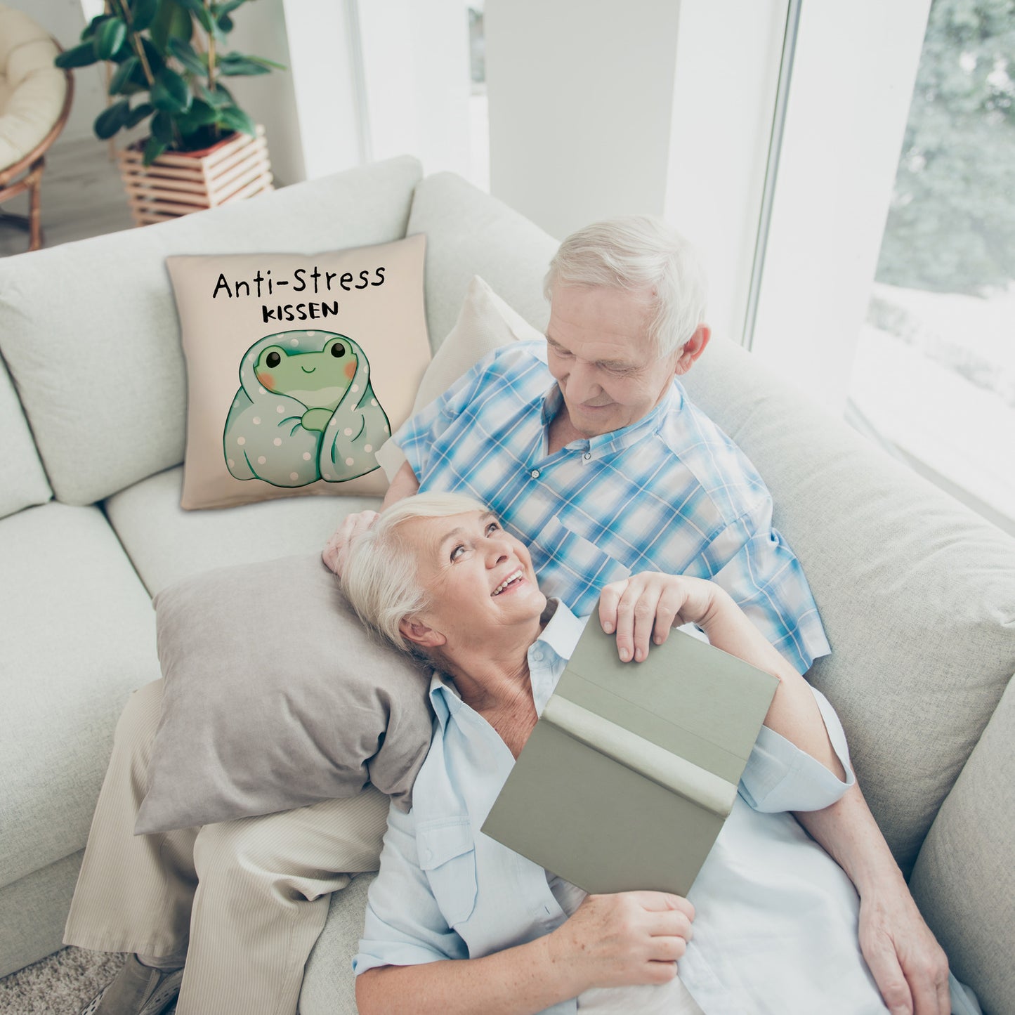 Frosch in blauer Decke Kissen mit Leinenoptik mit Spruch Anti-Stress Kissen mit Leinenoptik