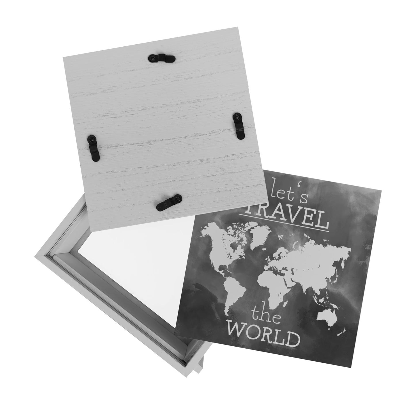 Rahmen Spardose aus Holz mit Weltkarten Motiv und Text - let's travel the world in Schwarz